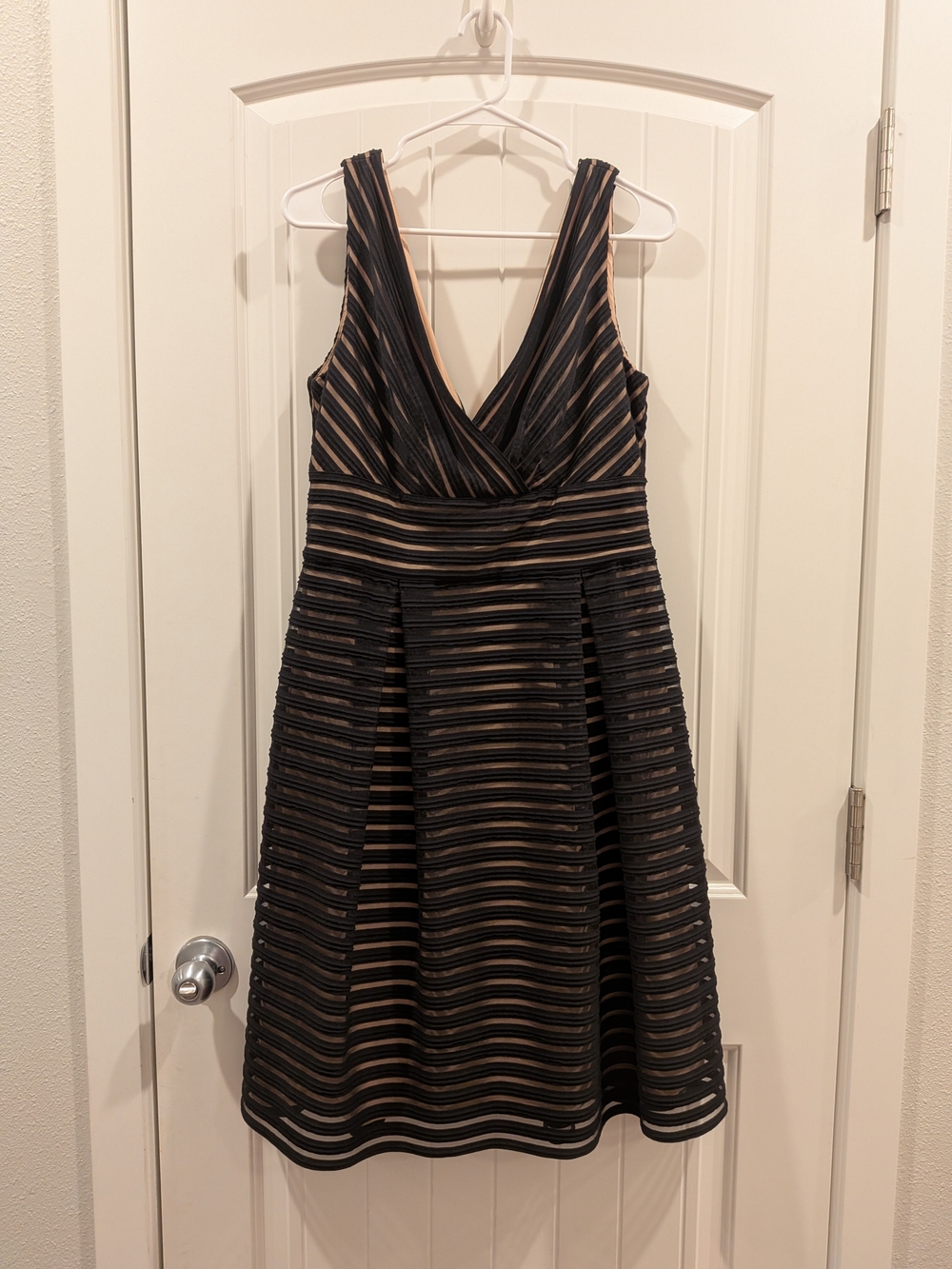White House Black Market Black and Nude Striped V-Neck Midi Dress